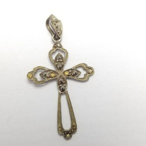 Vintage Sterling Silver and Marcasite Cross Pendant, Cut Out Design, Estate - Picture 2 of 8